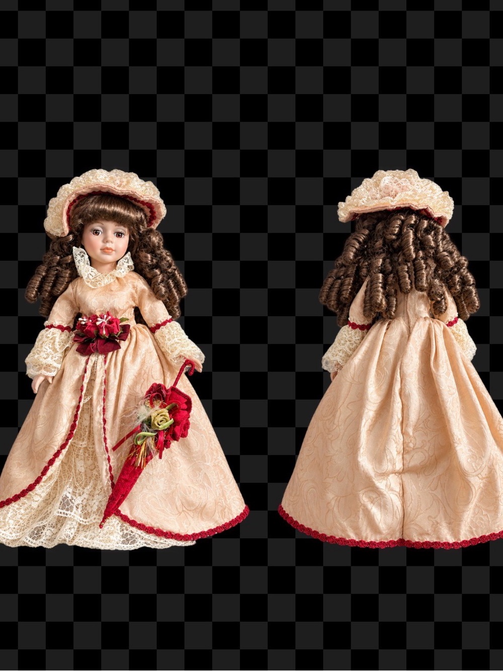Porcelain Fashion Doll in Cream Dress with Burgundy Accents